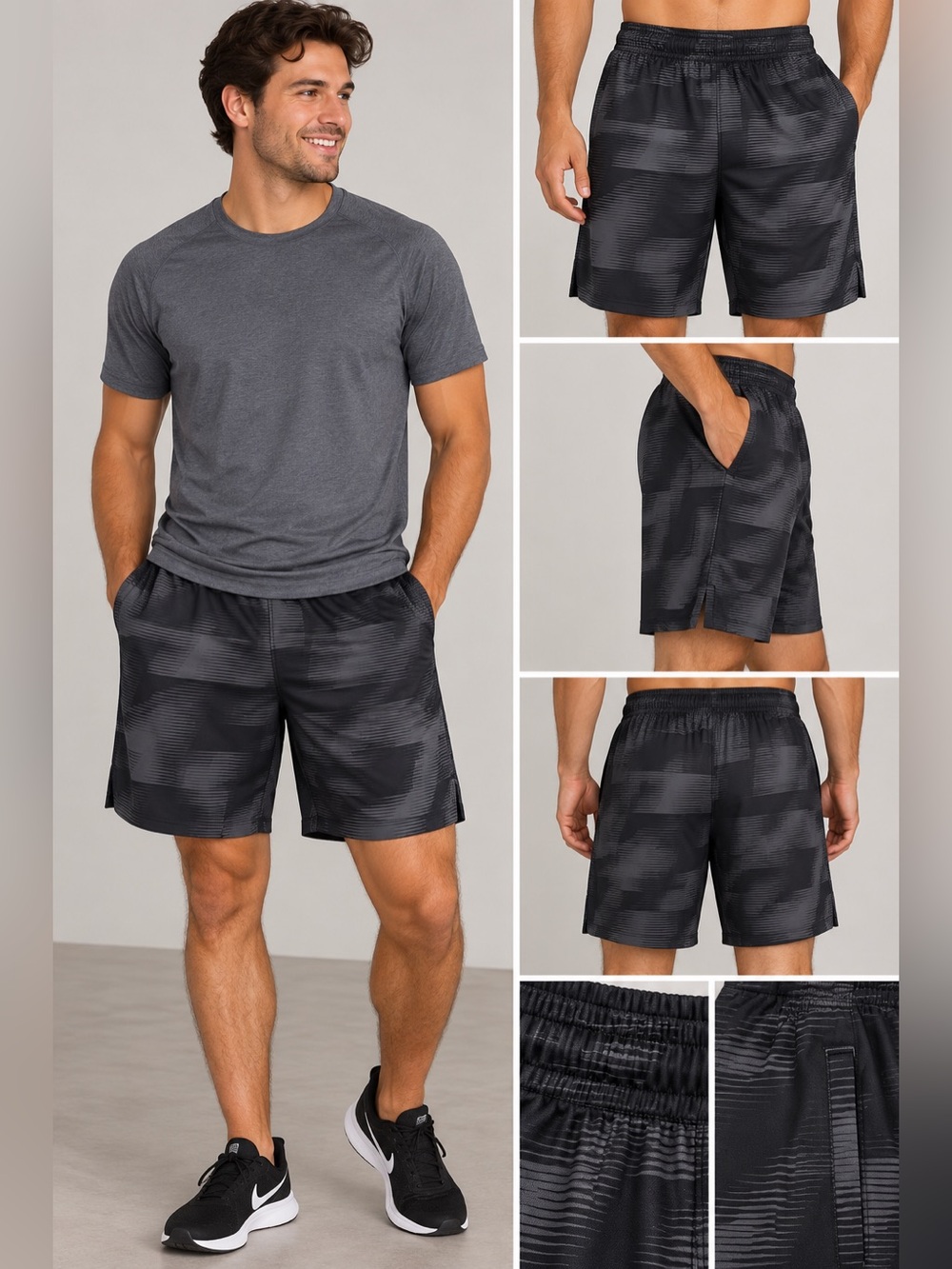 Men’s Black Gray Printed Athletic Shorts Size Medium